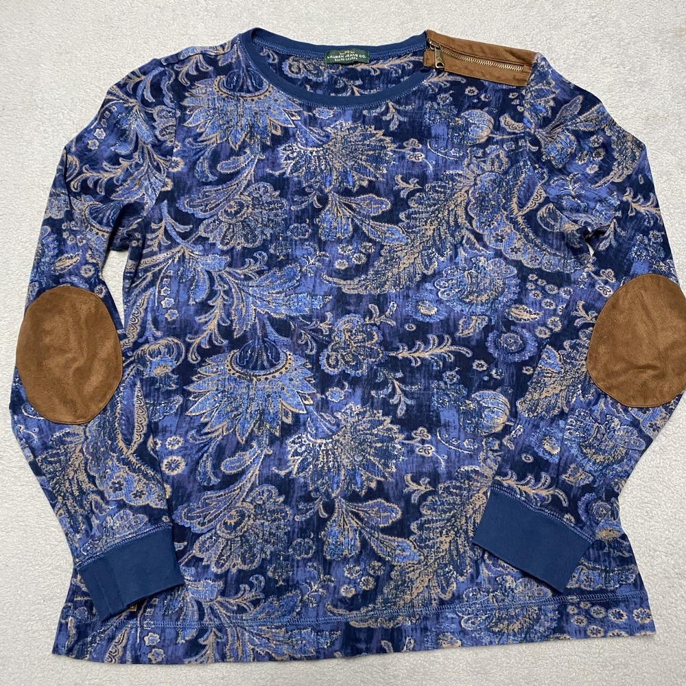 Ralph Lauren Top Womens Large Blue Floral‎ Print Elbow Patches Boho